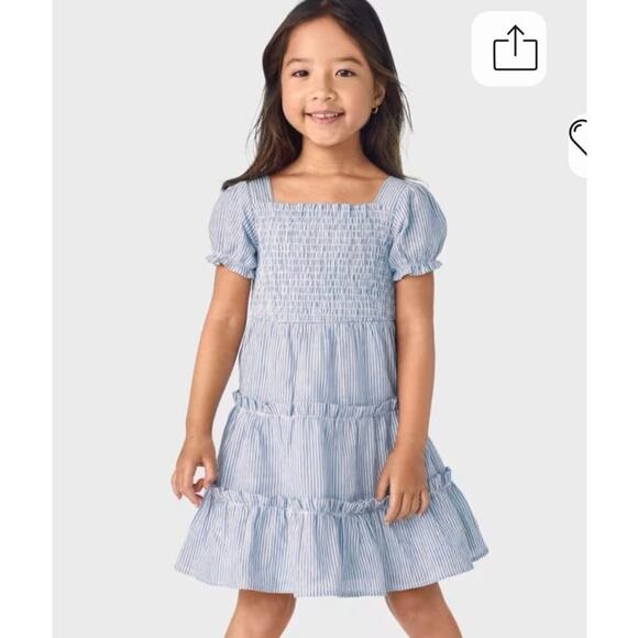 Gymboree Striped Linen-Blend Tiered Blue Puff Sleeve Smocked Dress NEW~NWT!! - Picture 11 of 12